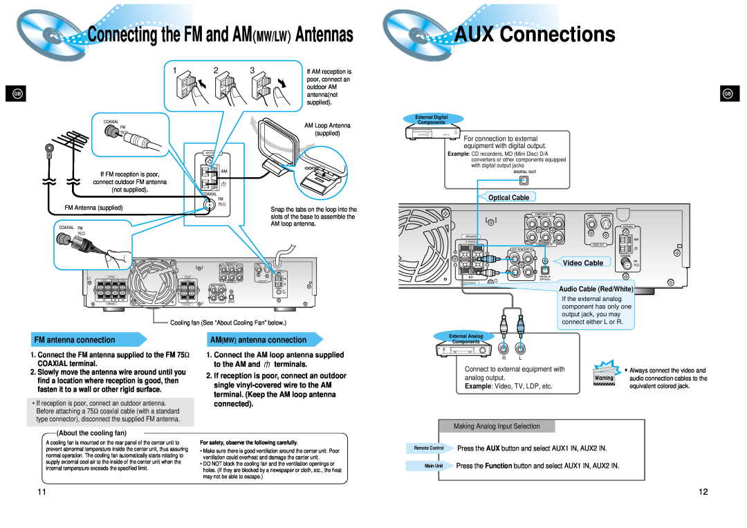 Samsung 20041112182436906 instruction manual AUX Connections, Connecting the FM and AMMW/LW Antennas, FM antenna connection 