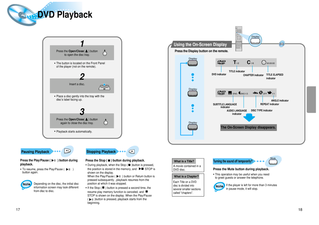 Samsung 20041112183630062 DVD Playback, Using the On-Screen Display, On-Screen Display disappears, Pausing Playback 