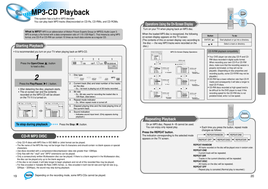 Samsung 20041112183630062 instruction manual MP3-CDPlayback, Starting Playback, Repeating Playback, To stop during playback 