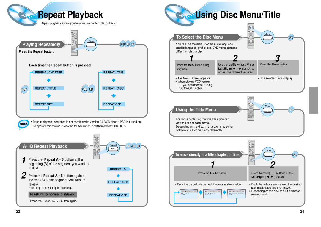 Samsung 20041112183630062 instruction manual Repeat Playback, Using Disc Menu/Title 