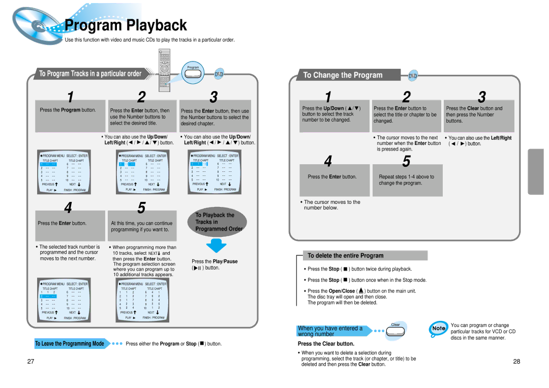 Samsung 20041112183630062 Program Playback, To Change the Program, To delete the entire Program, Press the Clear button 