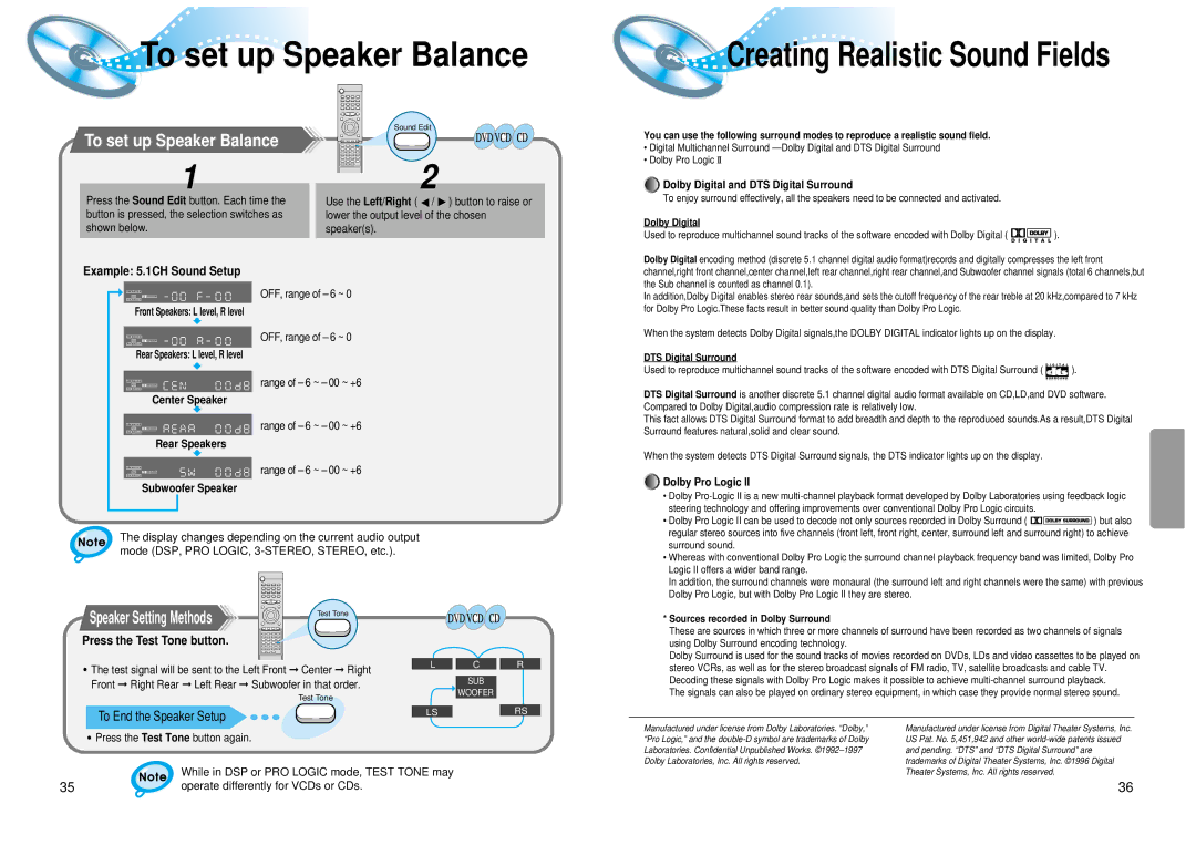 Samsung 20041112183630062 To set up Speaker Balance, Example 5.1CH Sound Setup, Press the Test Tone button 