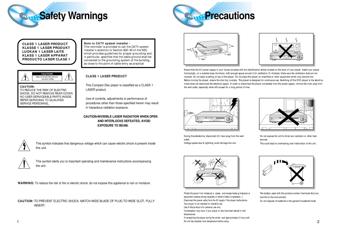 Samsung 20041112183630062 instruction manual Safety Warnings Precautions 