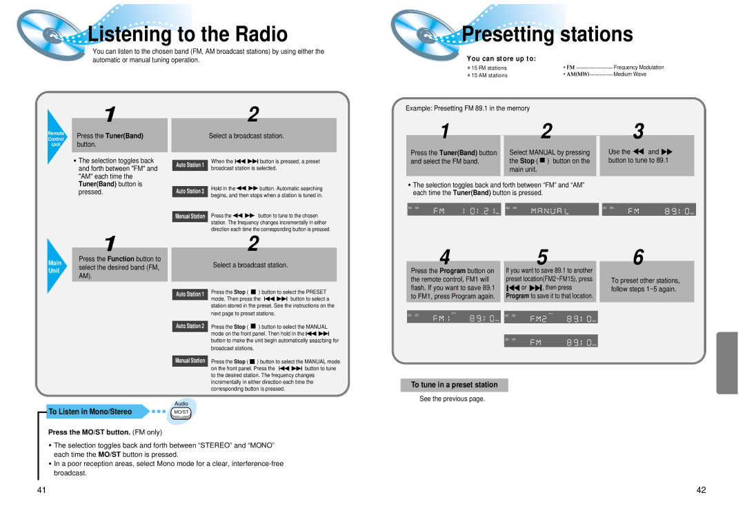 Samsung 20041112183630062 Listening to the Radio, Presetting stations, To tune in a preset station, Pressed 