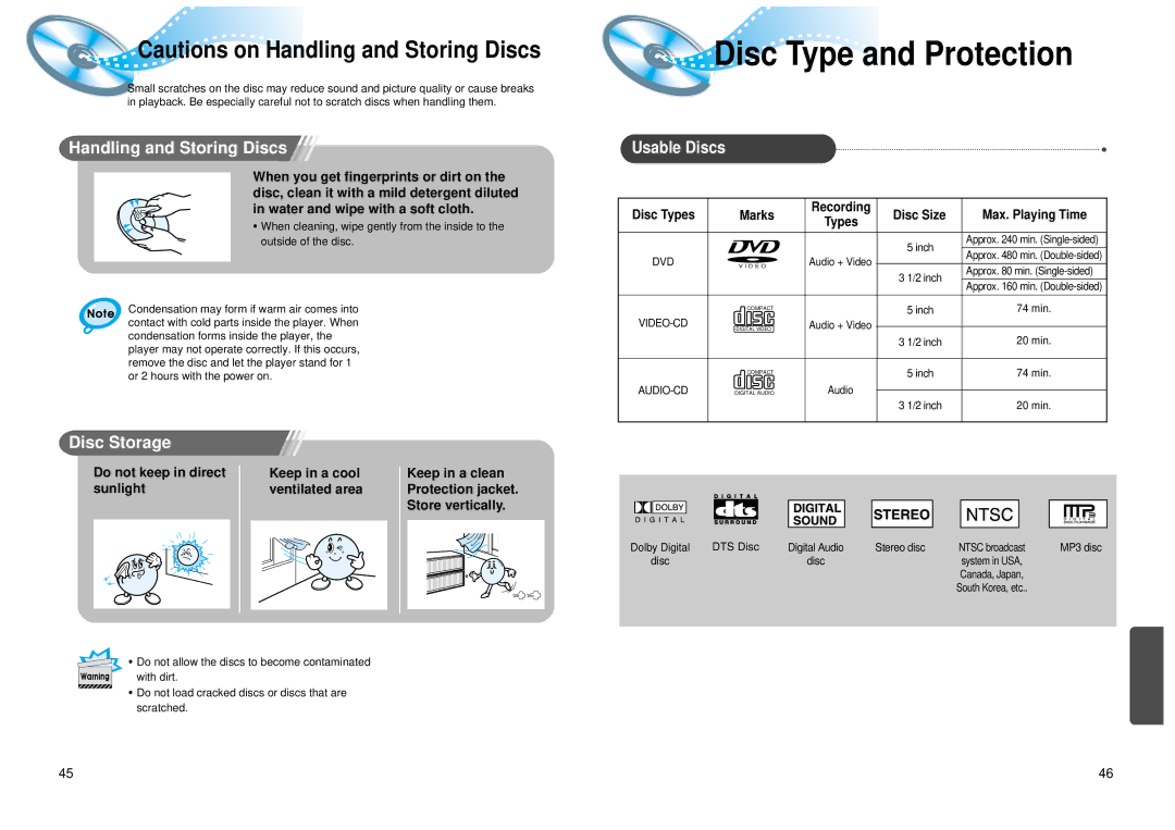 Samsung 20041112183630062 instruction manual Disc Type and Protection, Usable Discs, Do not keep in direct, DTS Disc 