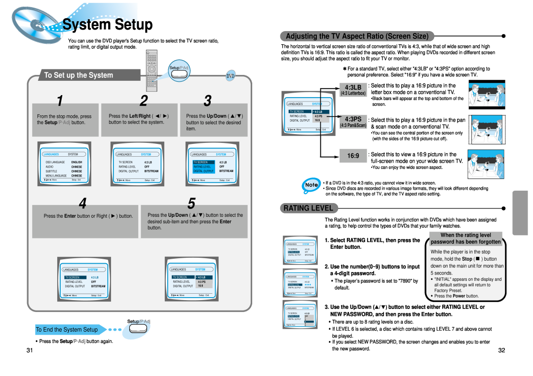 Samsung 20041112183630062 System Setup, To Set up the System, Adjusting the TV Aspect Ratio Screen Size, Rating Level 