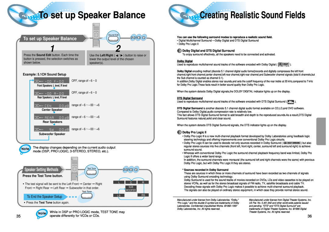 Samsung 20041112183630062 To set up Speaker Balance, Creating Realistic Sound Fields, Example 5.1CH Sound Setup 