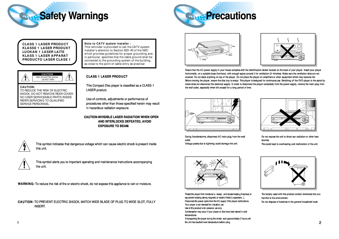 Samsung 20041112183630062 instruction manual Safety Warnings, Precautions, CLASS 1 LASER PRODUCT 