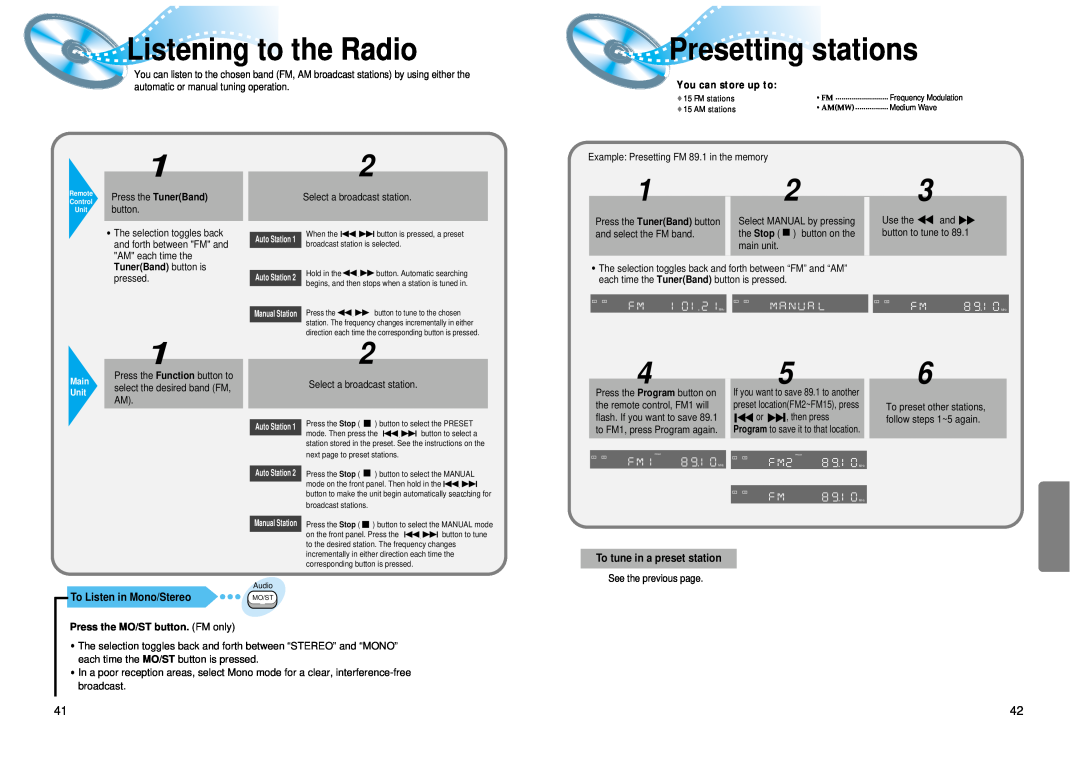 Samsung 20041112183630062 instruction manual Listening to the Radio, Presetting stations, To Listen in Mono/Stereo 