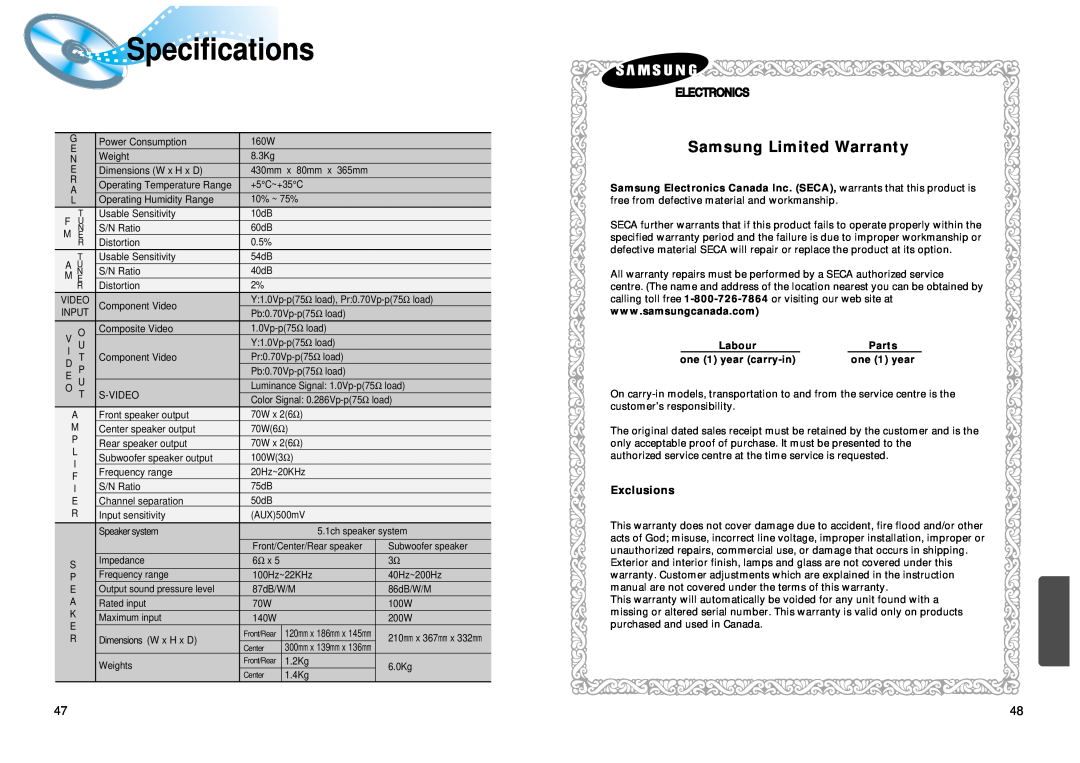 Samsung 20041112183630062 Specifications, Samsung Limited Warranty, Exclusions, Labour, Parts, one 1 year carry-in 
