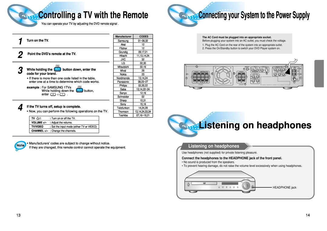 Samsung 20041112183630062 Controlling a TVwith the Remote, Connecting your System to the Power Supply, Turn on the TV 