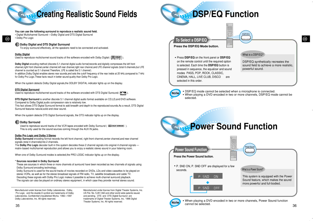 Samsung 20041112184341515 instruction manual DSP/EQ Function, Power Sound Function, Press the DSP/EQ Mode button 