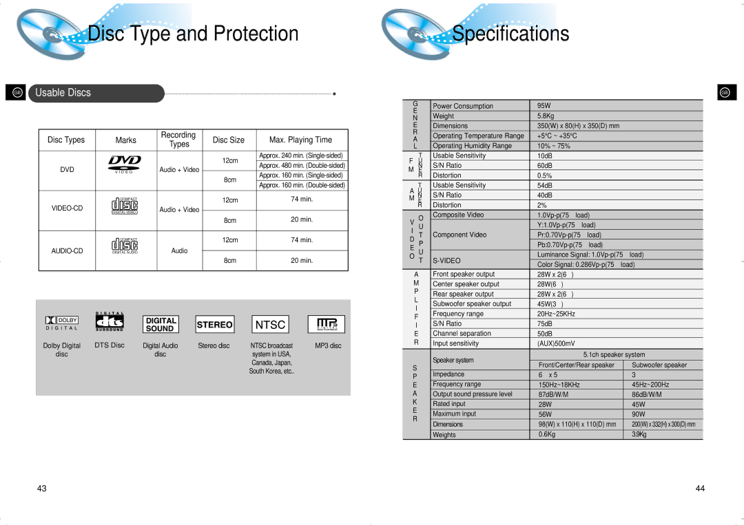 Samsung 20041112184341515 instruction manual Disc Type and Protection, Specifications, Usable Discs, Marks, Disc Size 