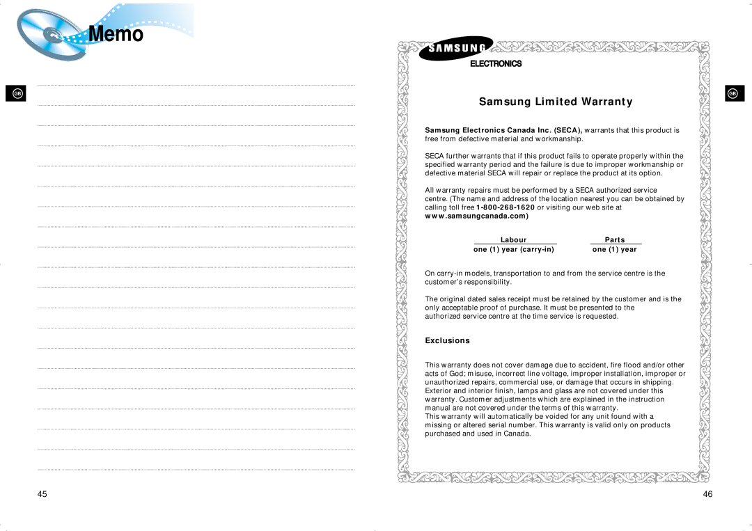 Samsung 20041112184341515 instruction manual Memo, Samsung Limited Warranty 