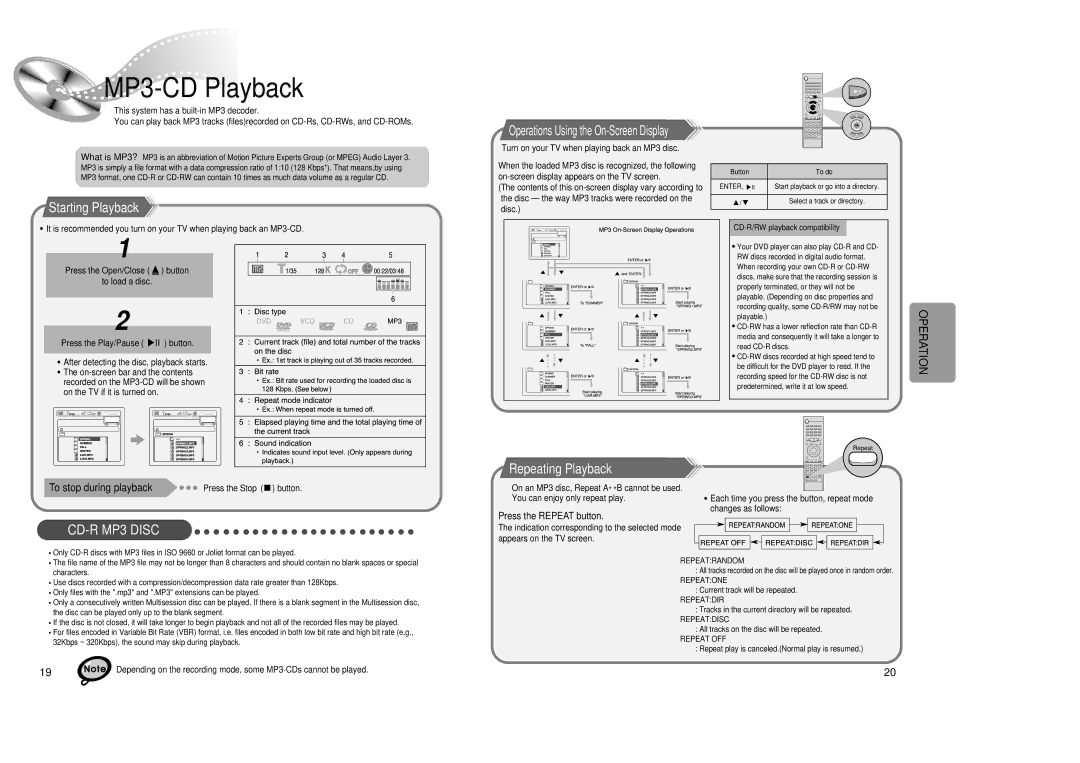 Samsung 20041112184518765 MP3-CDPlayback, To stop during playback, Operations Using the On-Screen Display 