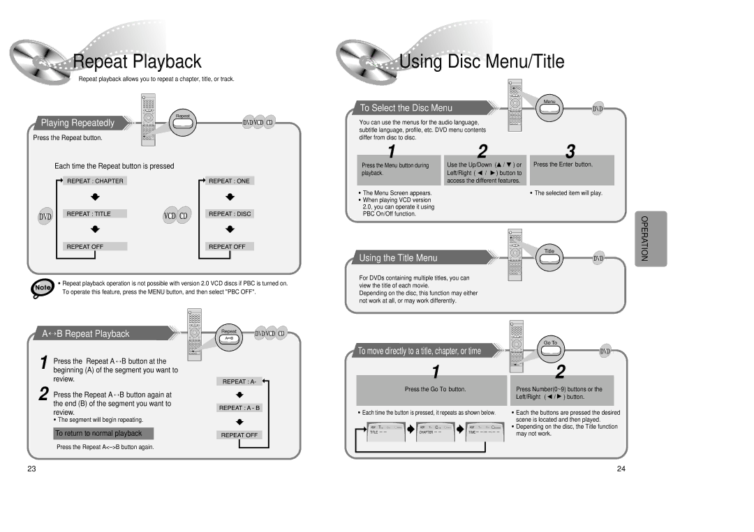 Samsung 20041112184518765 instruction manual Repeat Playback, Using Disc Menu/Title 