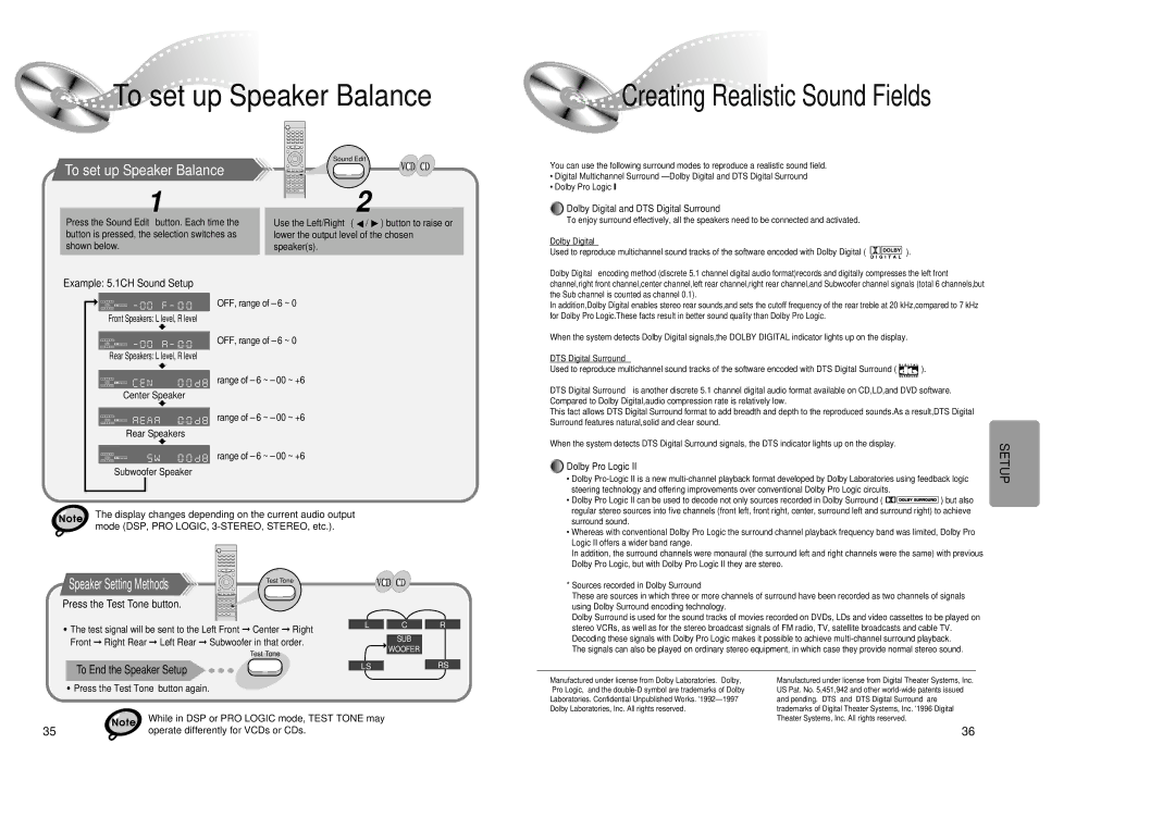 Samsung 20041112184518765 To set up Speaker Balance, Example 5.1CH Sound Setup, Press the Test Tone button 