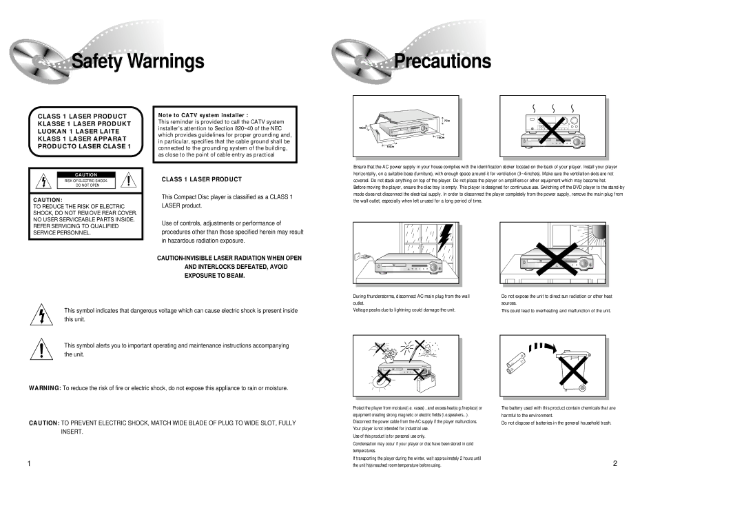 Samsung 20041112184518765 instruction manual Safety Warnings Precautions 