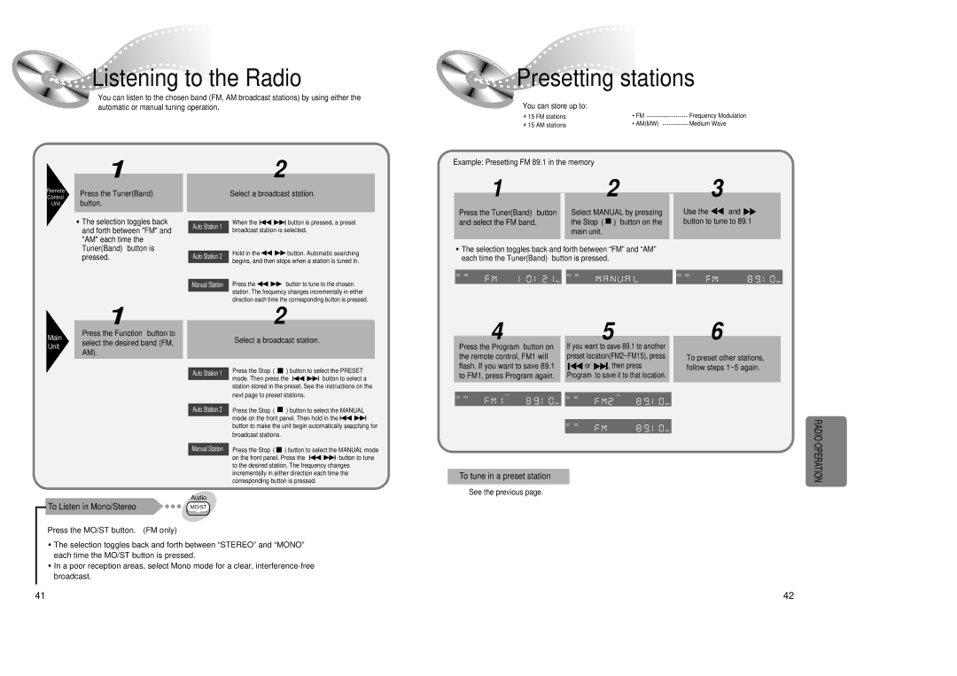 Samsung 20041112184518765 Listening to the Radio, Presetting stations, To tune in a preset station, TunerBand button is 