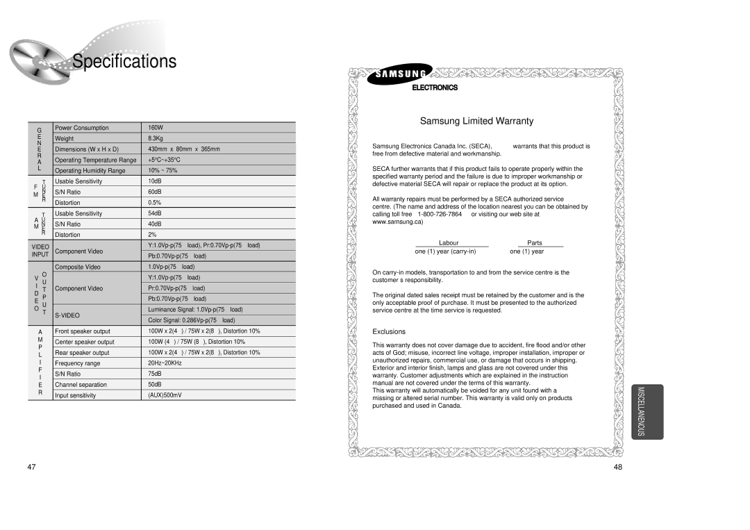 Samsung 20041112184518765 instruction manual Specifications 