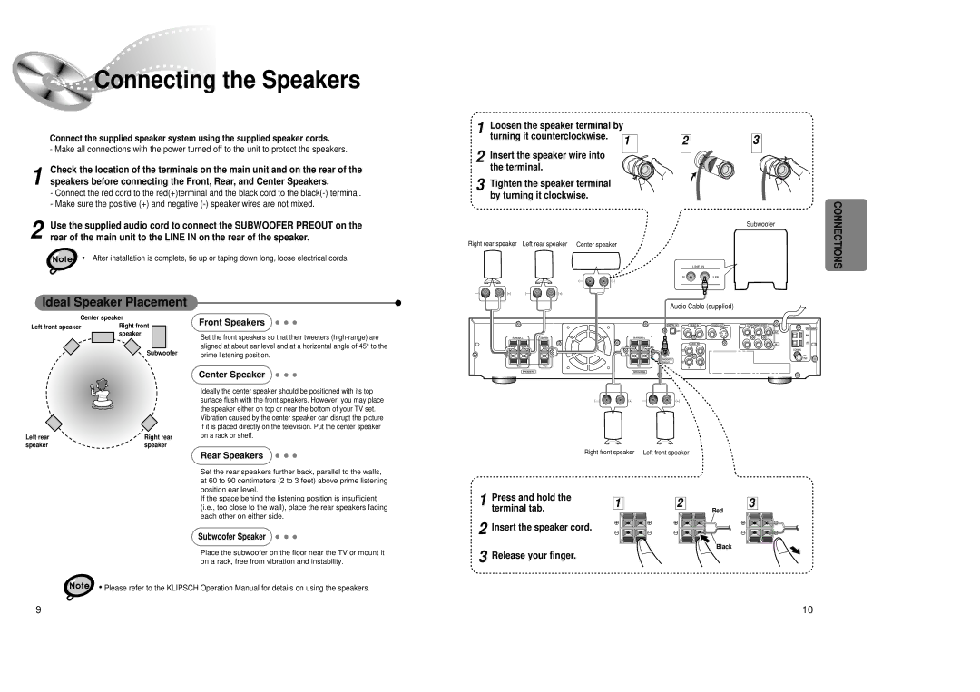 Samsung 20041112184518765 Connecting the Speakers, Front Speakers, Center Speaker, Rear Speakers, Subwoofer Speaker 