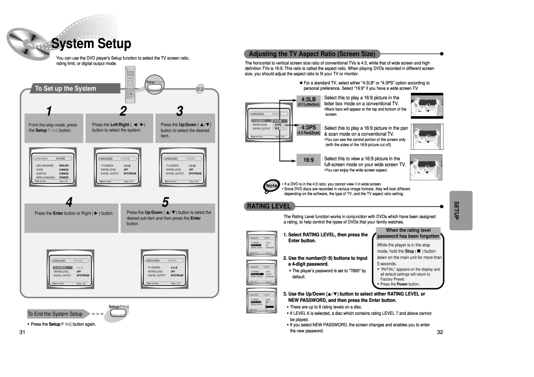 Samsung 20041112184518765 System Setup, To Set up the System, Adjusting the TV Aspect Ratio Screen Size, Rating Level 