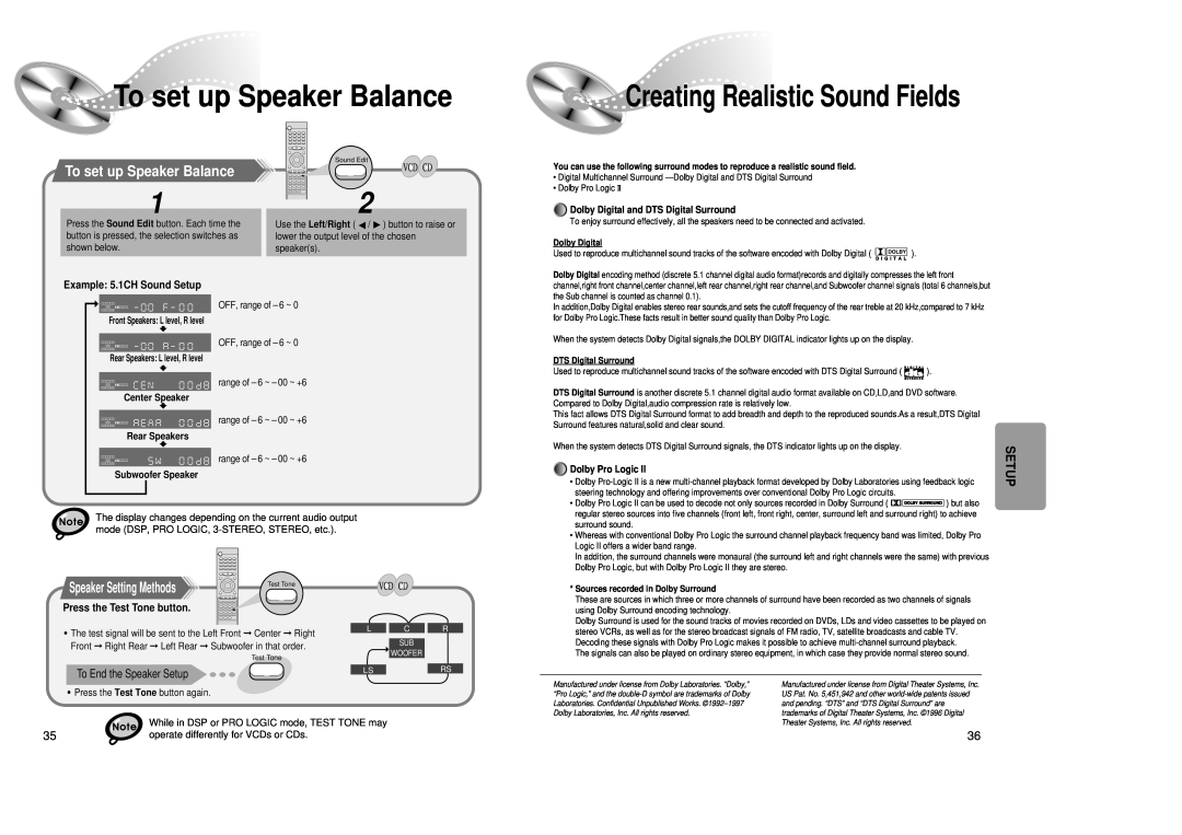 Samsung 20041112184518765 To set up Speaker Balance, Creating Realistic Sound Fields, Example 5.1CH Sound Setup 