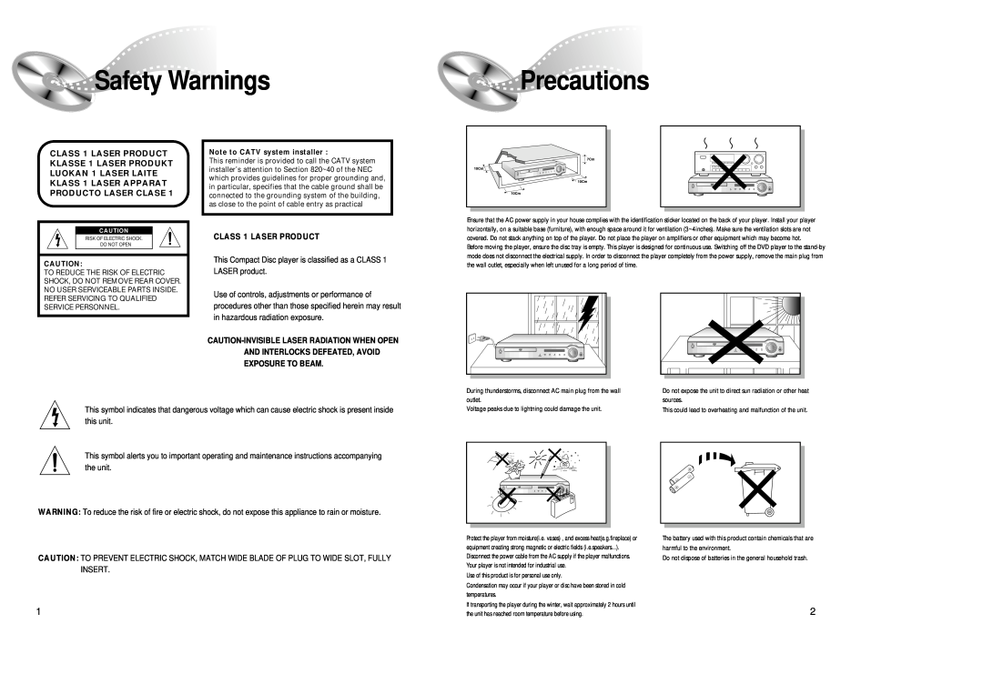 Samsung 20041112184518765 instruction manual Safety Warnings, Precautions, CLASS 1 LASER PRODUCT 