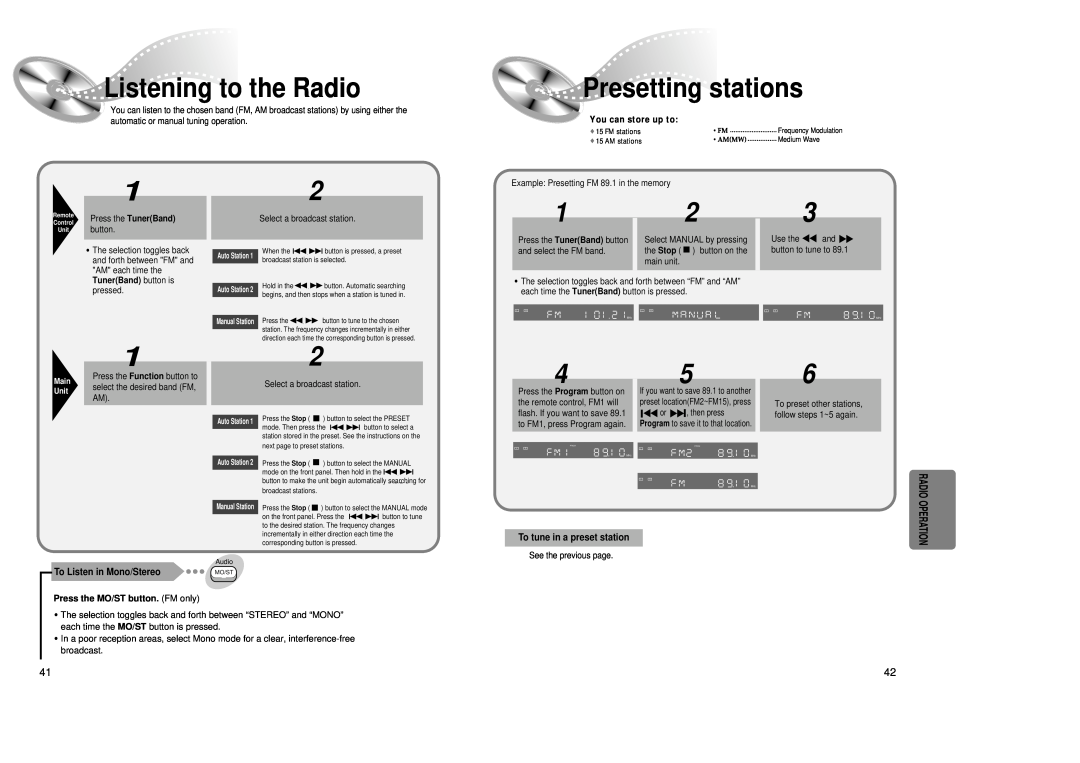 Samsung 20041112184518765 Listening to the Radio, Presetting stations, Operation, To Listen in Mono/Stereo 