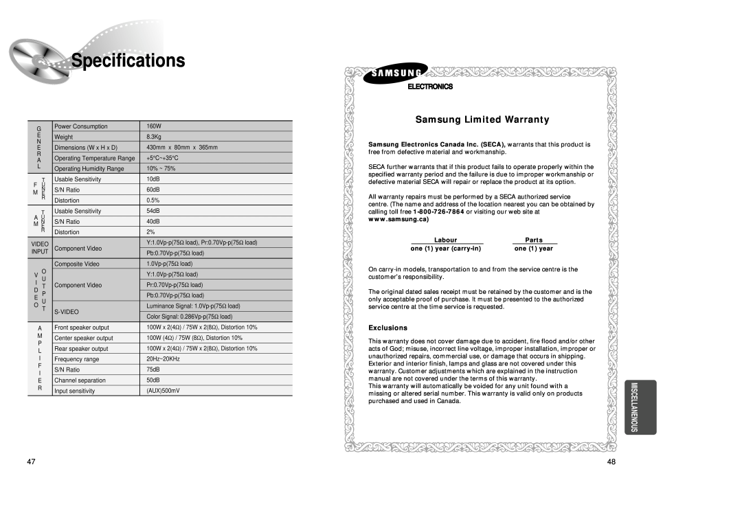 Samsung 20041112184518765 Specifications, Samsung Limited Warranty, Miscellanenous, Exclusions, Labour, Parts, one 1 year 