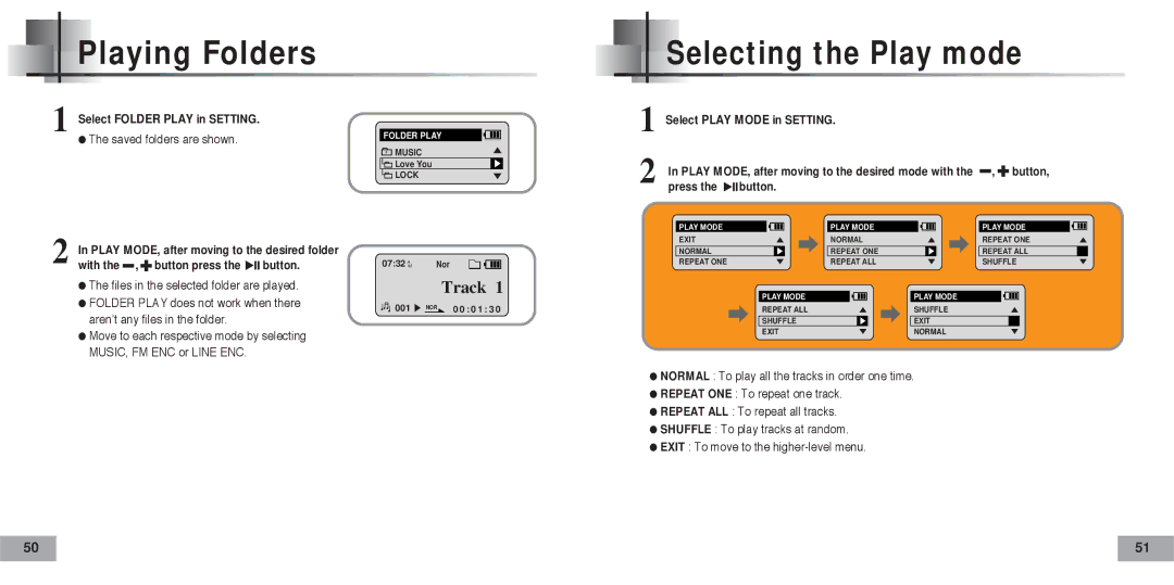 Samsung 20051027152744500, AH68-01467F manual Playing Folders, Selecting the Play mode 