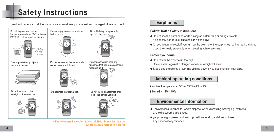 Samsung AH68-01467F manual Safety Instructions, Earphones, Ambient operating conditions, Environmental Information 