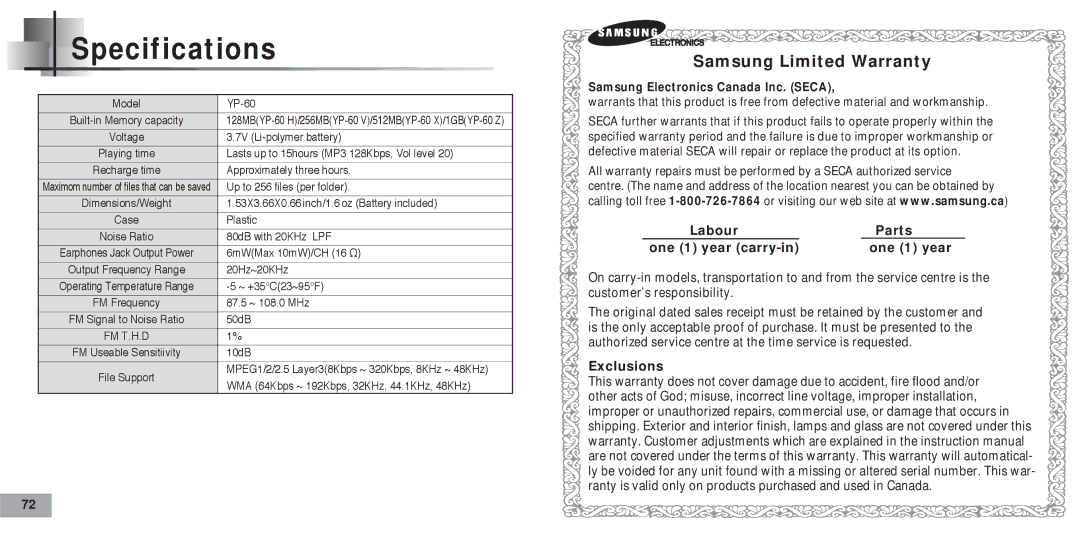 Samsung AH68-01467F, 20051027152744500 manual Specifications, Samsung Limited Warranty 