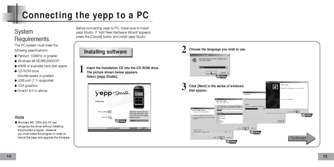 Samsung 20051027152744500, AH68-01467F manual Connecting the yepp to a PC, Installing software 