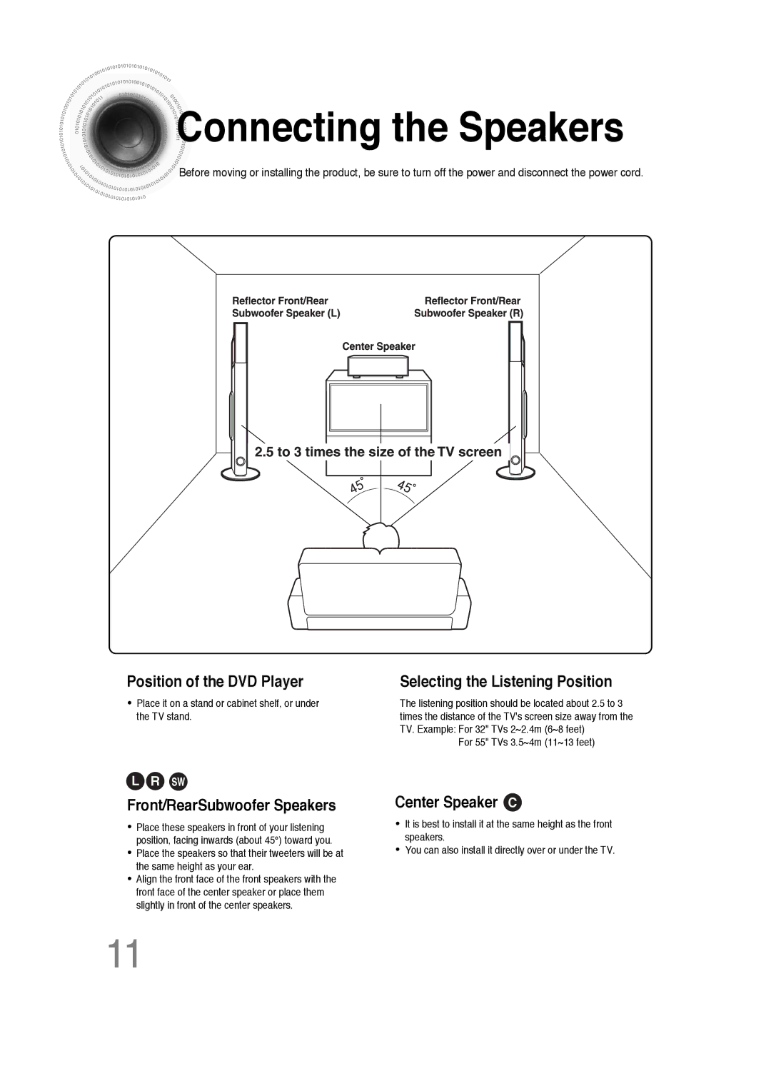 Samsung 20051111103302296 instruction manual Connecting the Speakers, Front/RearSubwoofer Speakers 