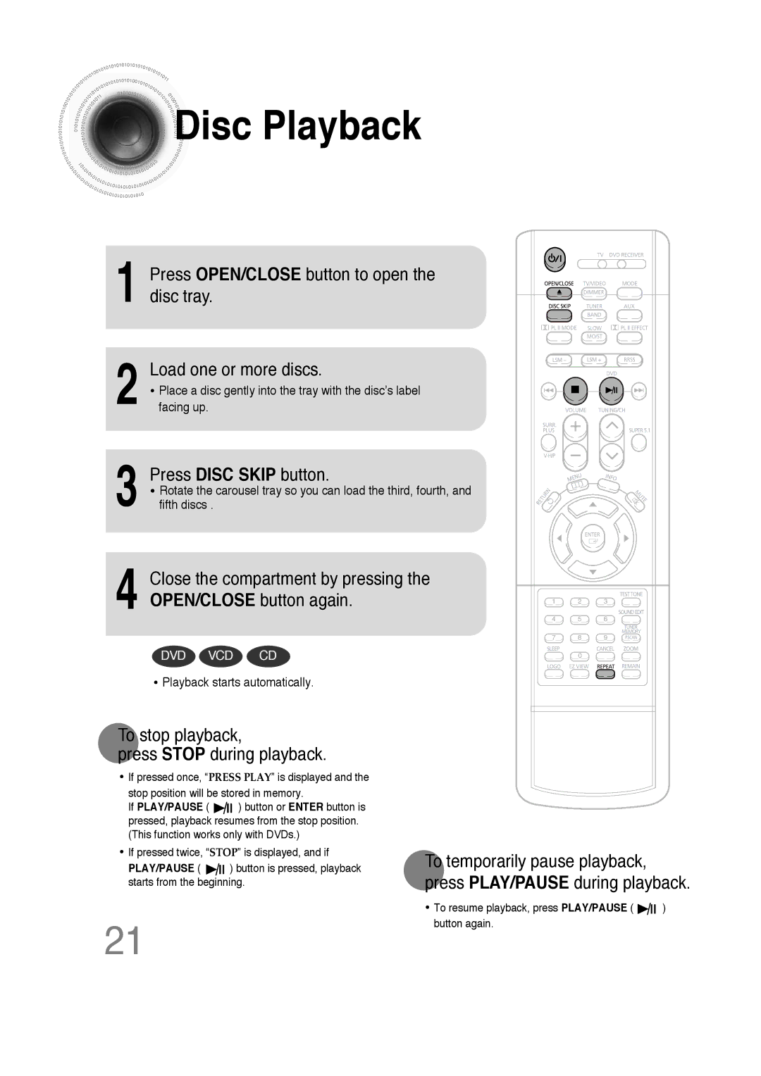 Samsung 20051111103302296 Disc Playback, Press Disc Skip button, To stop playback Press Stop during playback 