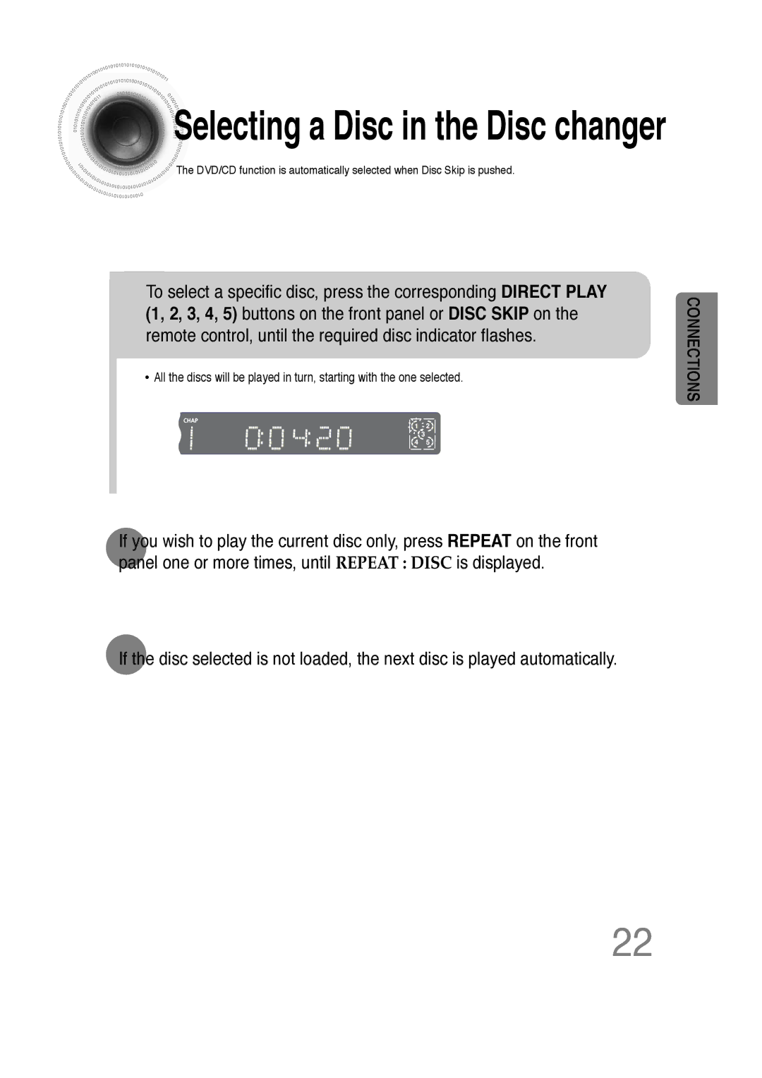 Samsung 20051111103302296 instruction manual Selecting a Disc in the Disc changer 