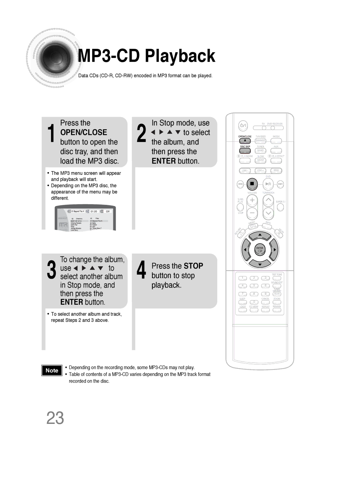 Samsung 20051111103302296 instruction manual MP3 -CD Playback, Press, To select the album, Use, Stop mode, Playback 