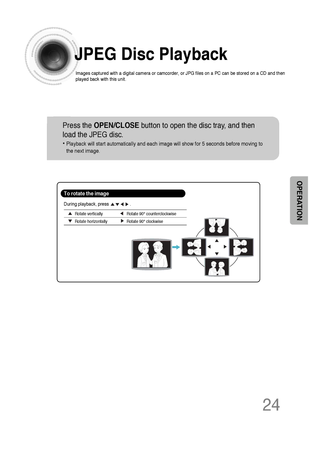 Samsung 20051111103302296 instruction manual Jpeg Disc Playback, To rotate the image 