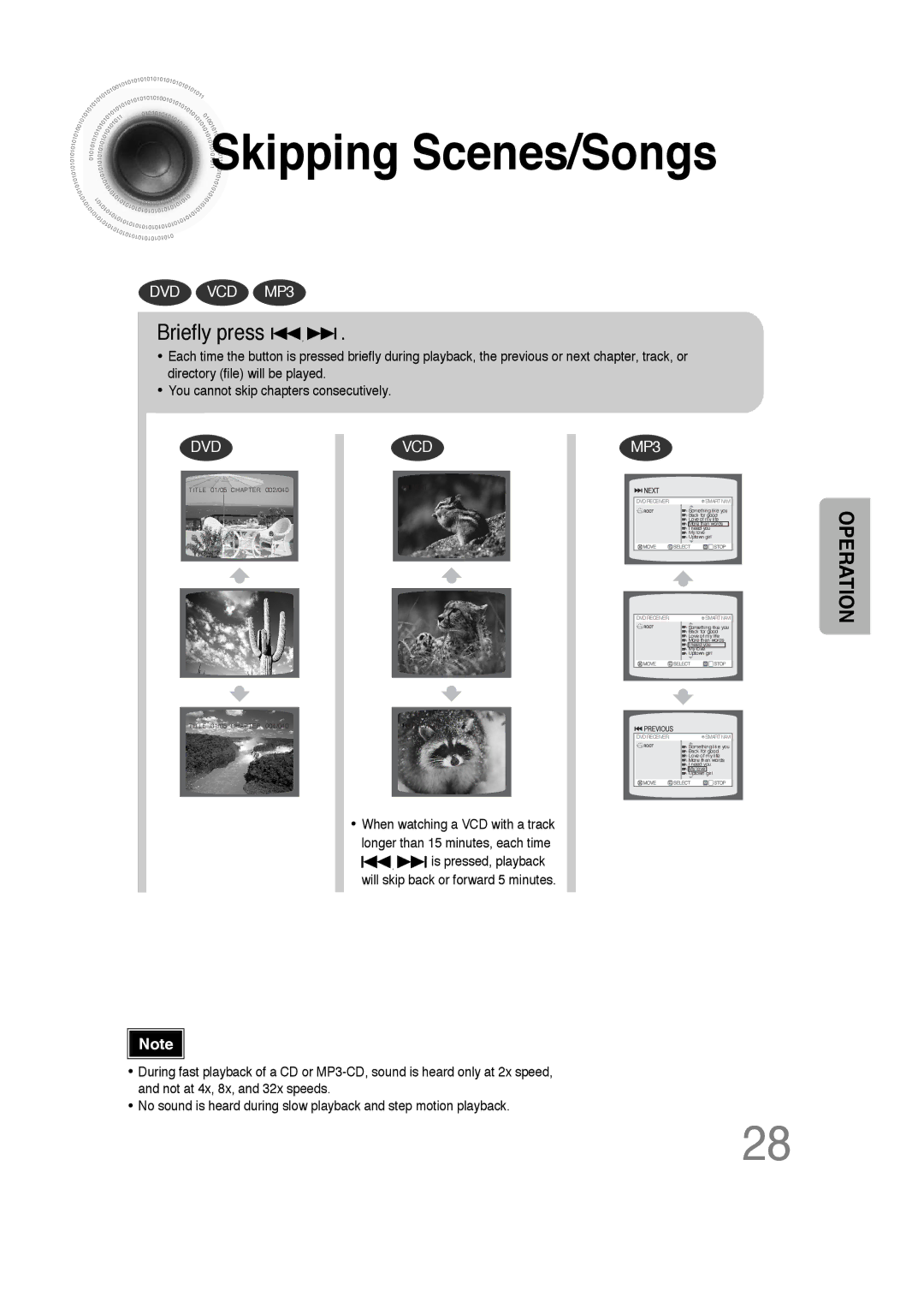 Samsung 20051111103302296 instruction manual Skipping Scenes/Songs, Briefly press 