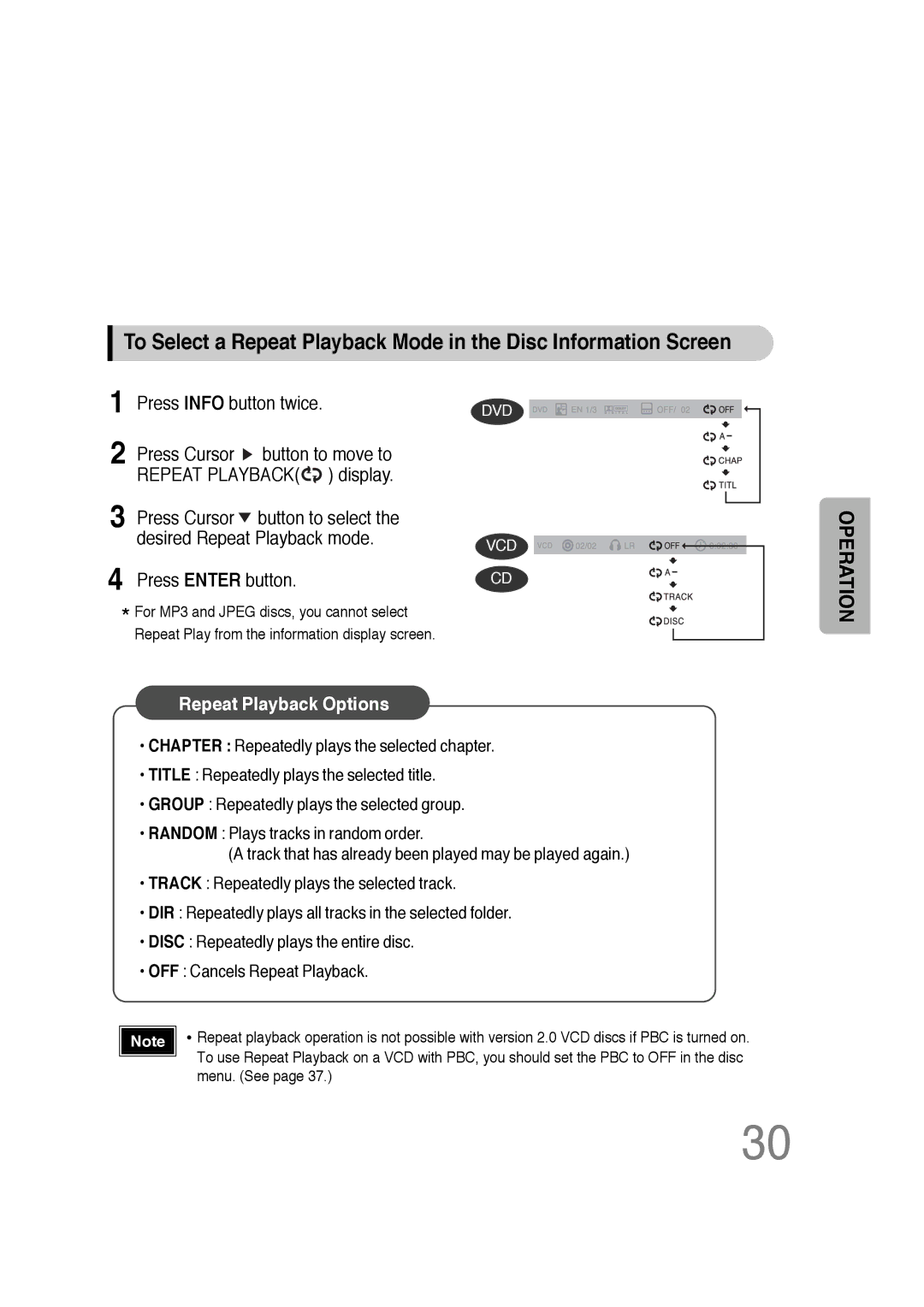 Samsung 20051111103302296 instruction manual Repeat Playback Options 