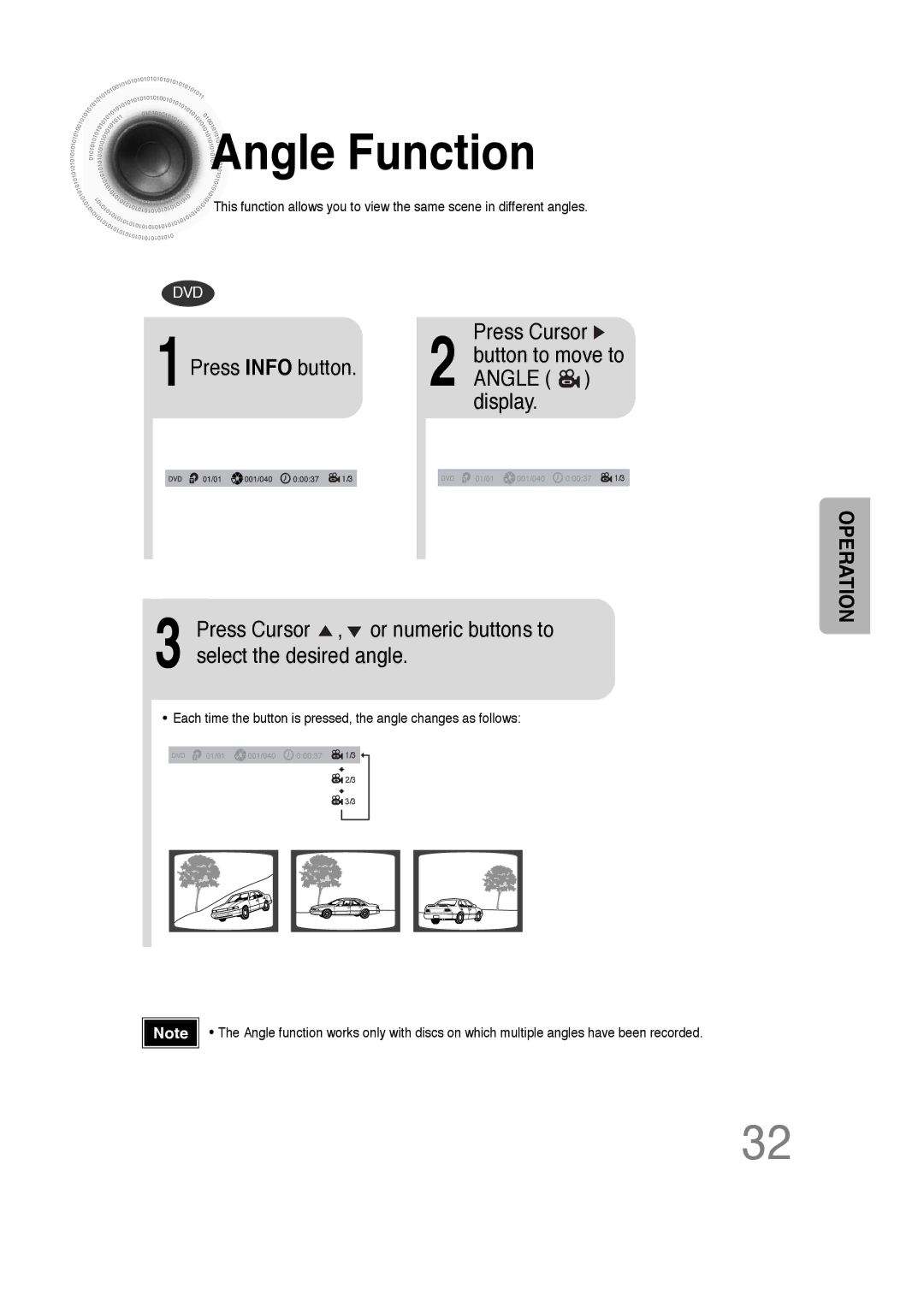 Samsung 20051111103302296 instruction manual Angle Function, 1Press Info button Press Cursor 