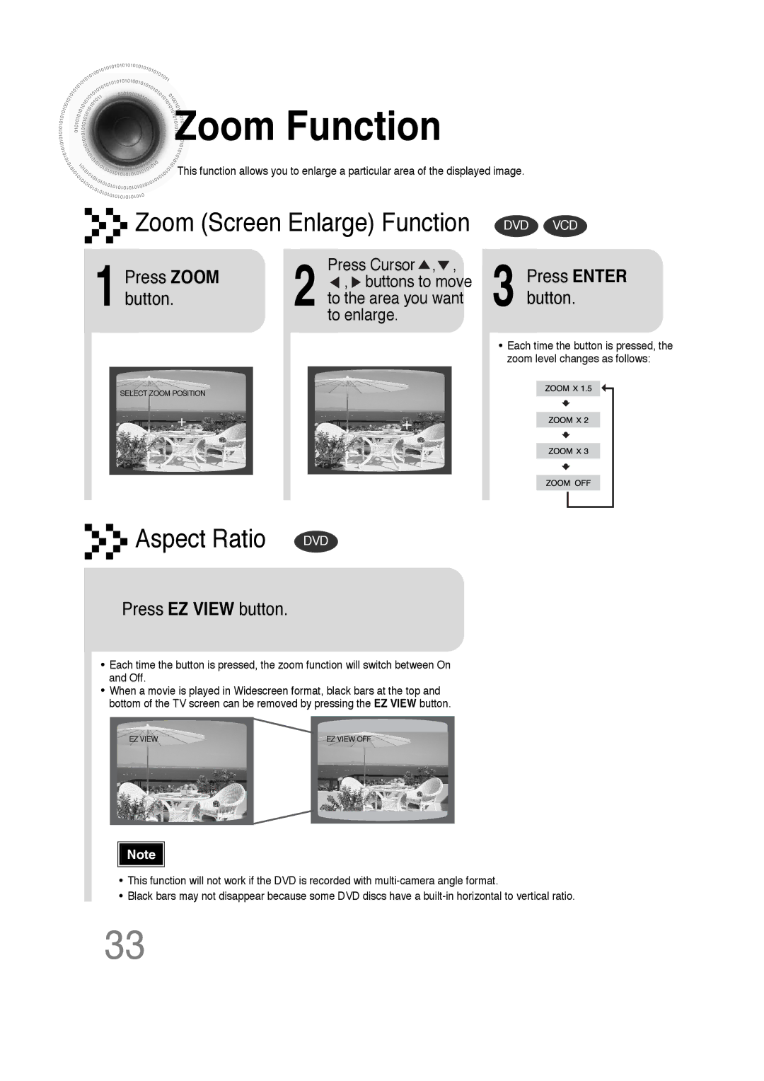 Samsung 20051111103302296 instruction manual Zoom Function, Press Zoom, Button, Press EZ View button 