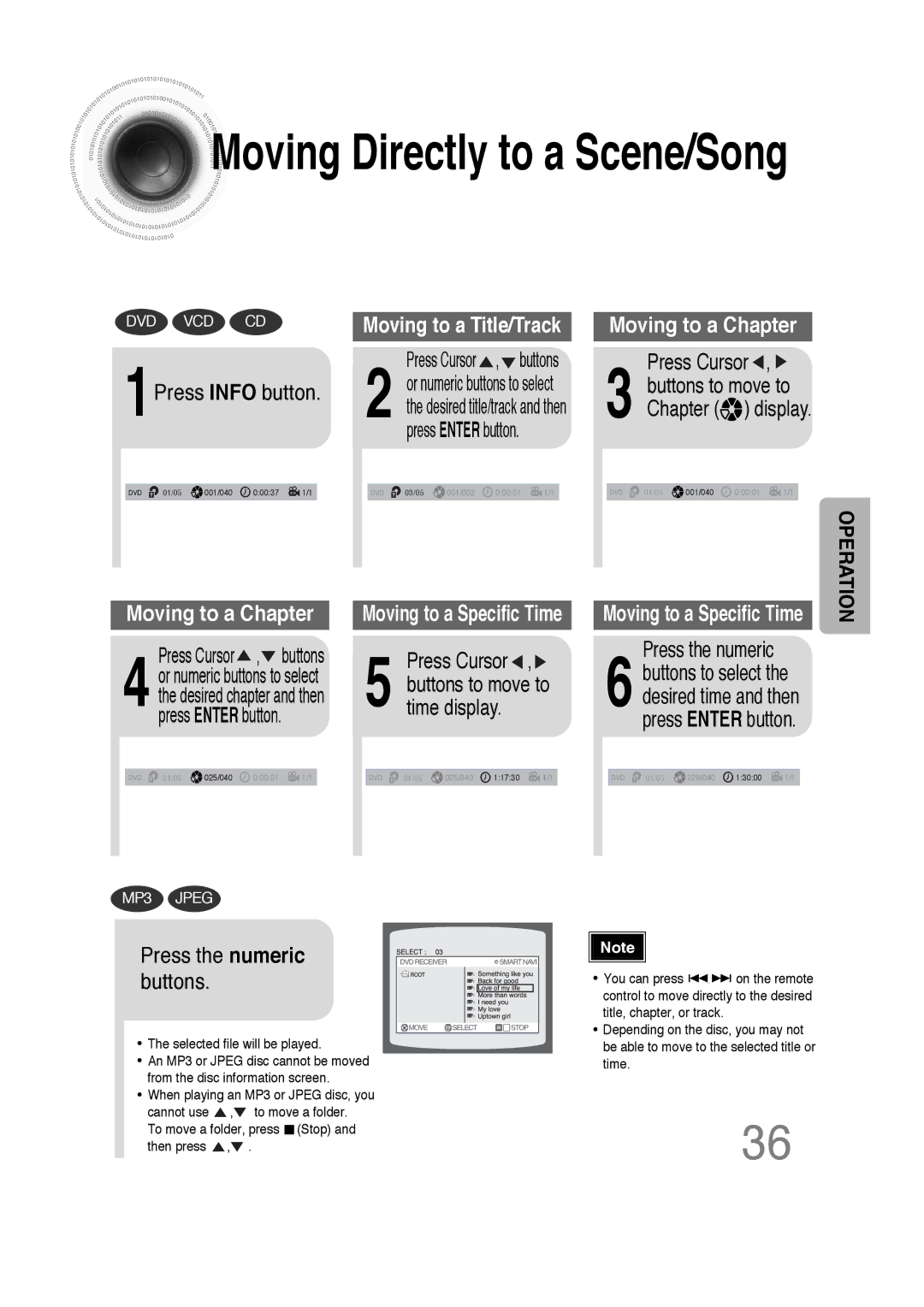 Samsung 20051111103302296 1Press Info button, Press Cursor , buttons, Time display, Chapter display, Press the numeric 