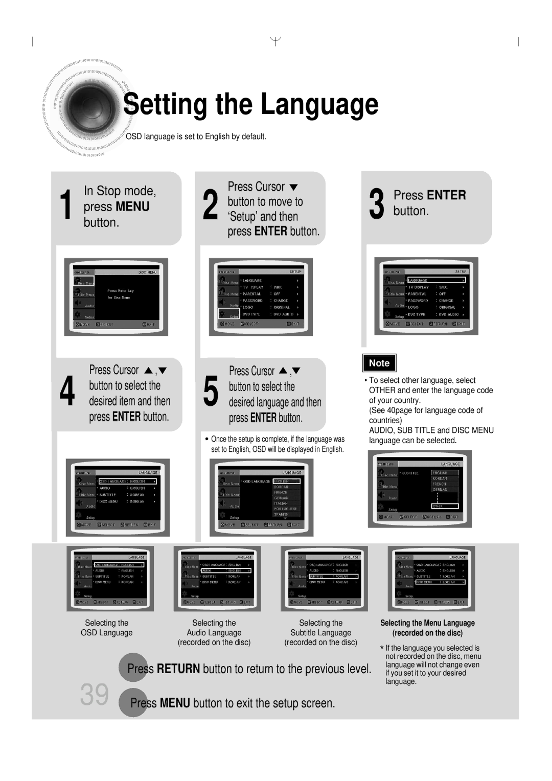 Samsung 20051111103302296 instruction manual Setting the Language, Stop mode Press Cursor 