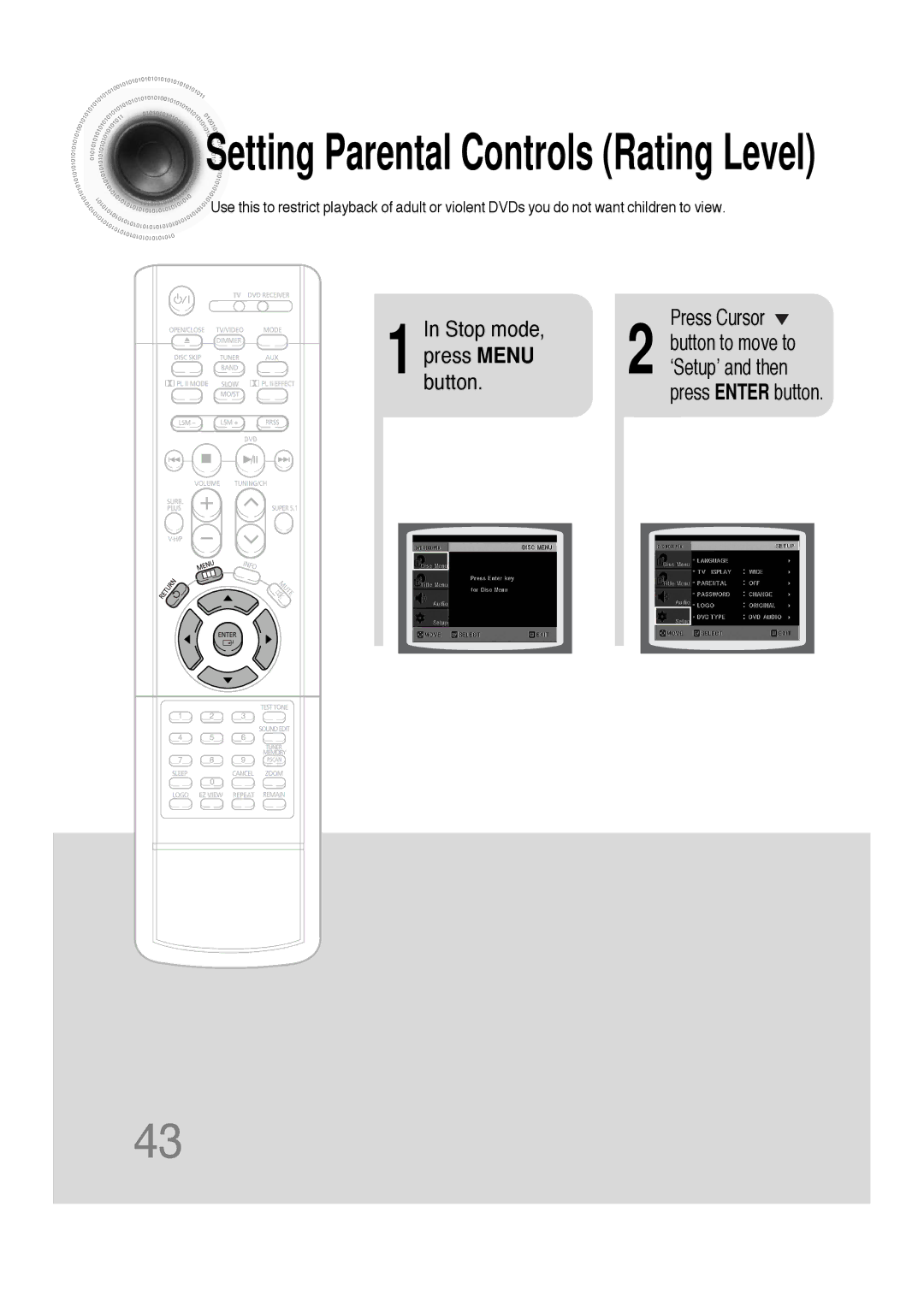 Samsung 20051111103302296 instruction manual Setting Parental Controls Rating Level 