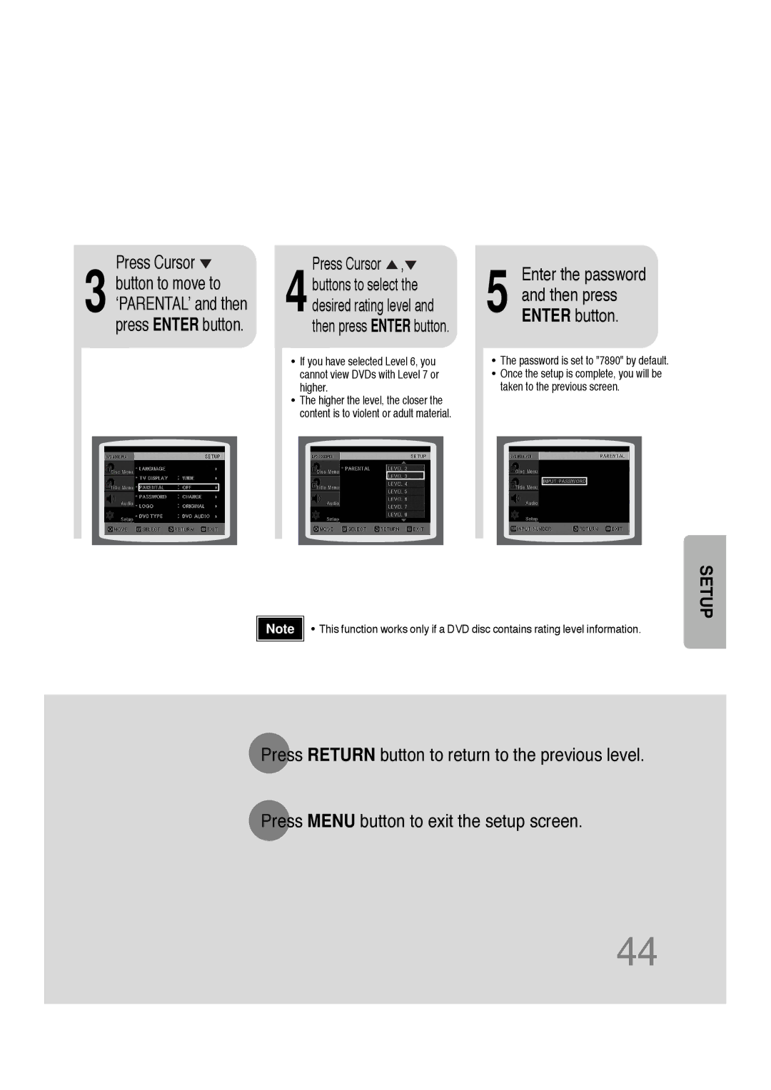 Samsung 20051111103302296 instruction manual Enter the password, ‘PARENTAL’ and then press Enter button 