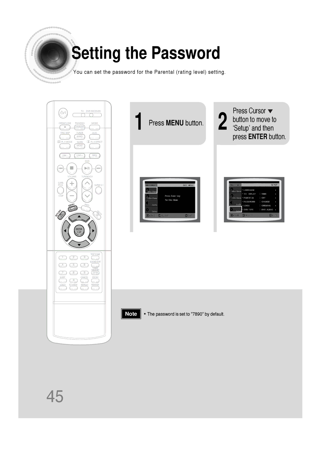 Samsung 20051111103302296 instruction manual Setting the Password, Press Enter button 