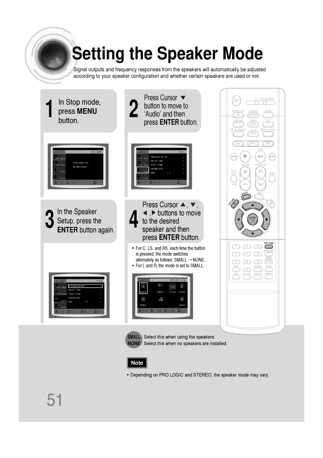 Samsung 20051111103302296 instruction manual Setting the Speaker Mode, Press Enter button Press Cursor 