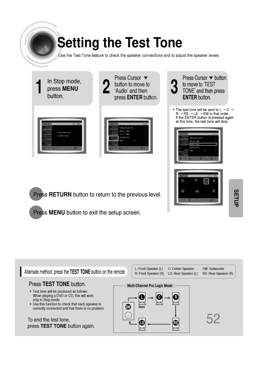 Samsung 20051111103302296 instruction manual Setting the Test Tone, Press Menu ‘Audio’ and then, Press Test Tone button 